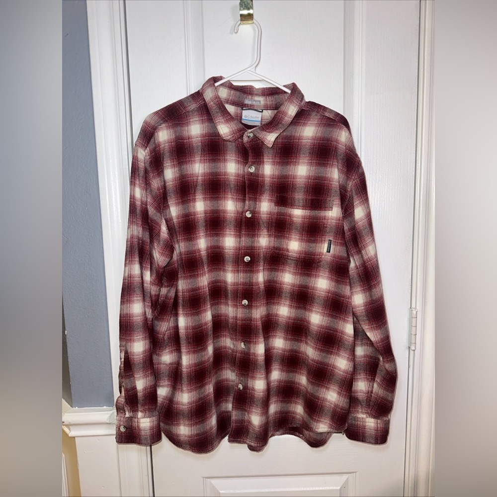 Columbia Mens Size XXL‎ Red White Plaid Flannel Long Sleeve Button Down Shirt